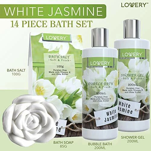 Bath and Body Gift Basket For Women & Men - 14pc Spa Set in Jasmine Fragrance